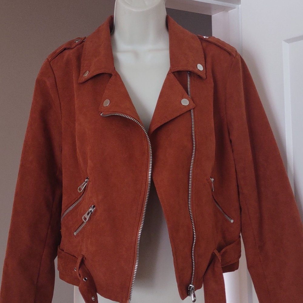 Sebby Collection Suede-like Burnt Orange Rust Biker Moto Cropped Jacket - MEDIUM